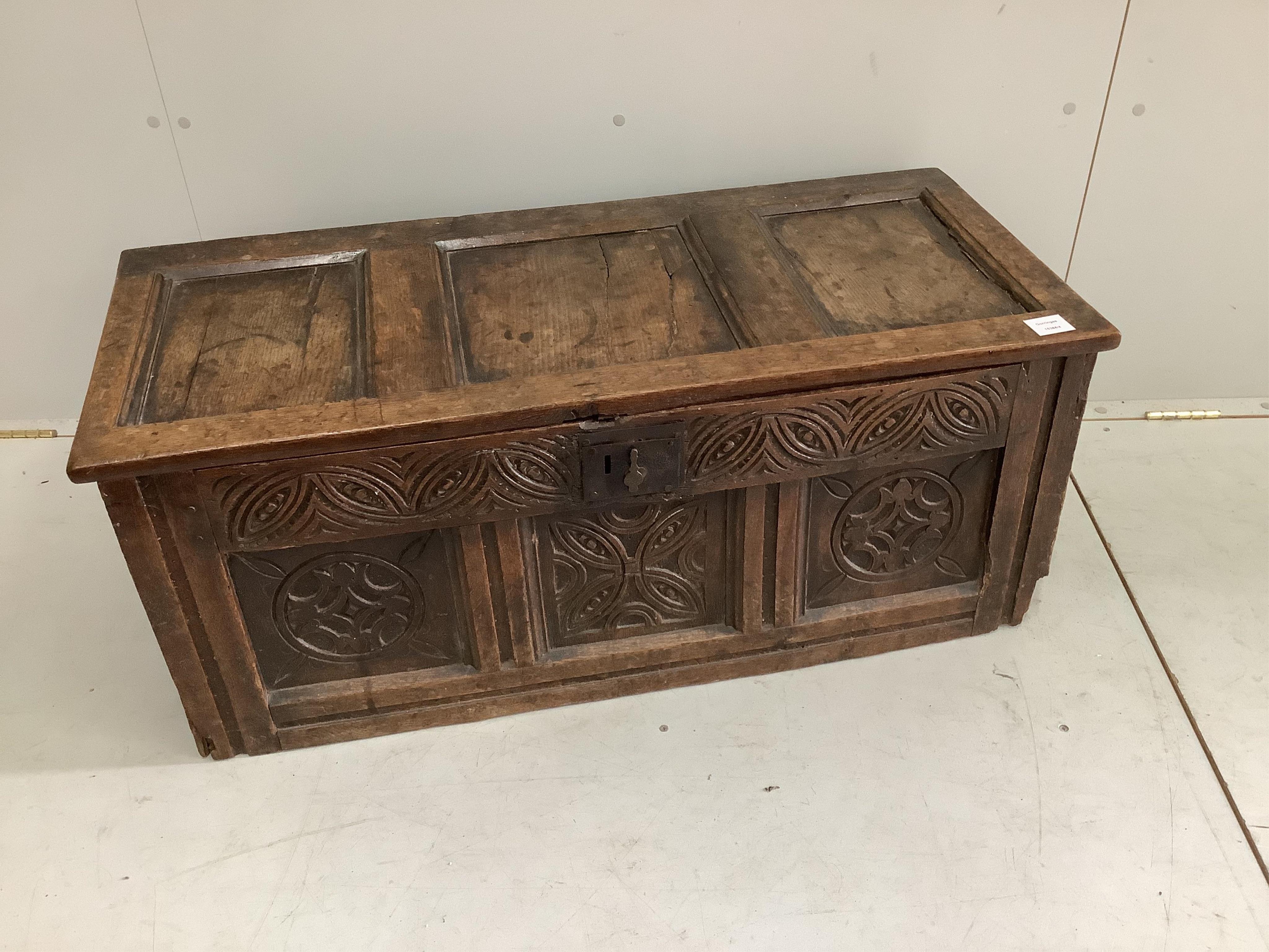 A small 18th century oak coffer, width 100cm, depth 44cm, height 41cm. Condition - poor